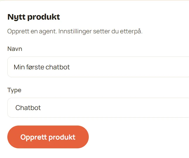 Opprett chatboten under Nytt produkt